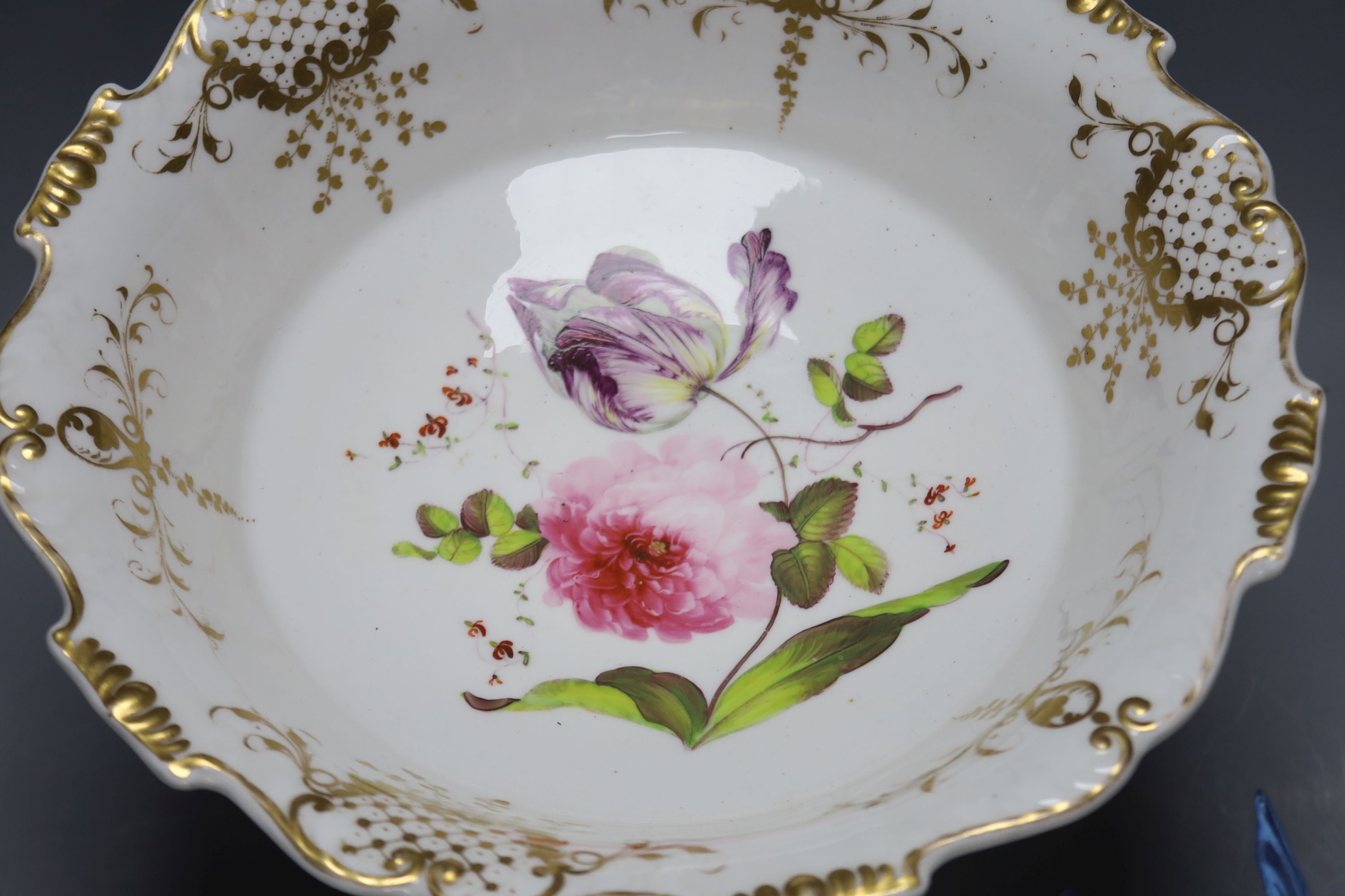 Two Crown Staffordshire budgerigar groups by J.T. Jones, and a Victorian pedestal bowl, diameter 28cm